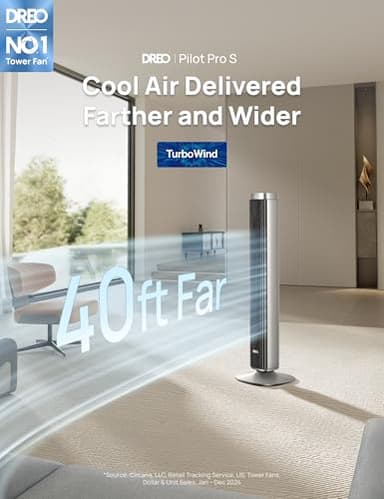 Dreo Tower Fan for Bedroom, 90° Oscillating Standing Fan with 40ft Far Airflow, 25dB Ultra Quiet DC Motor, 28ft/s Velocity, 12 Speeds, 42 inch, Smart Control, 4 Modes, 12H Timer, Pilot Pro S - Image 2