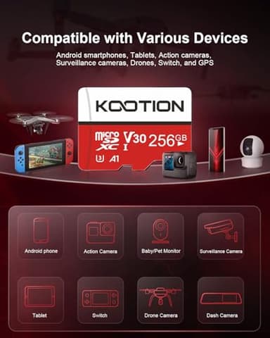 KOOTION 256GB Micro SD Card UHS-I U3 V30 4K for Camera/Action Camera/Drone/Smartphone, Class 10 MicroSDXC Memory Card with Adapter - Image 6