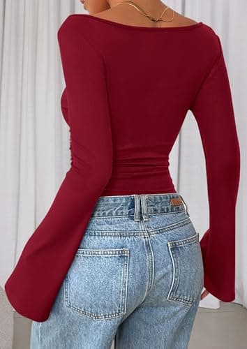 PRETTYGARDEN Women's Long Sleeve Shirts 2025 Fall Crop Going Out Tops Casual Boat Neck Bell Sleeve Ribbed Ruched Y2K Clothes (Burgundy,Large) - Image 6