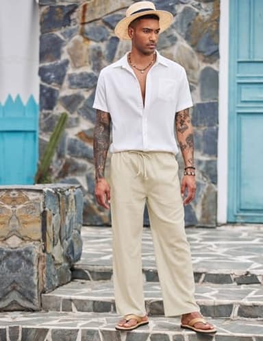 COOFANDY Men's Cotton Linen Pants Elastic Waist Linen Dress Pants Big and Tall Linen Pants - Image 3