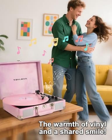 Watercolor Vinyl Record Player with Treble & Bass Control, Vintage 3-Speed Bluetooth Suitcase Portable Turntables with Built-in Speakers, 33 45 78 RPM LP Player Support RCA/AUX/Headphone Jack, Pink - Image 7