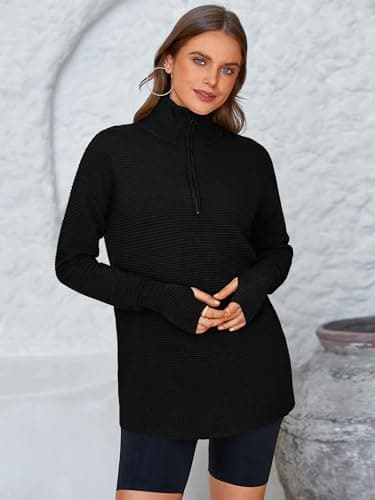 PRETTYGARDEN Womens Long Sleeve Quarter Zip Pullover Sweater Casual Loose V Neck Collared Ribbed Knit Jumper Tops Thumb Hole(Black,Large) - Image 4