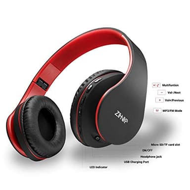 ZIHNIC Bluetooth Headphones Over-Ear, Foldable Wireless and Wired Stereo Headset Micro SD/TF, FM for Cell Phone,PC,Soft Earmuffs &Light Weight for Prolonged Wearing (Black/red) - Image 3