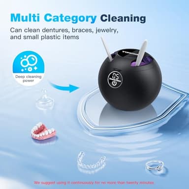 Ultrasonic Retainer Cleaner Machine,45kHz Ultrasonic Cleaner,UV Lamp 360°Cleaning for Dentures,Mouth Guard,Jewelry,Braces,Toothbrush Heads with 250 ML Dental Cleaning Pod, 6 Modes,Black - Image 5