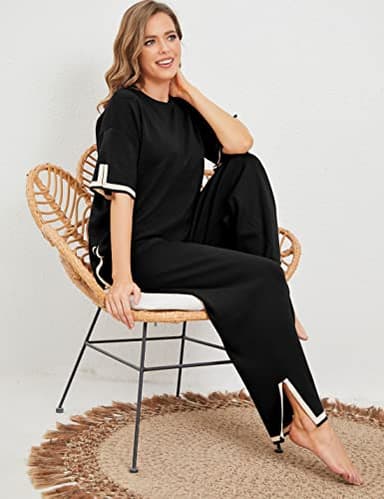 Tanming Sweater Sets Women 2 Piece Lounge Sets Short Sleeve Knit Pullover Tops Wide Leg Pants (Black-XL) - Image 7