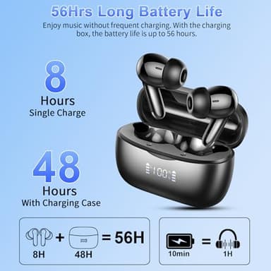 Wireless Earbuds,2025 Bluetooth 5.3 Headphones In Ear with 4 HD microphone, 56H Playtime, HIFI Stereo In Ear Earphones, IPX7 Waterproof Bluetooth Earbuds, LED Display, USB-C, Sport/Work/Leisure/Black - Image 5