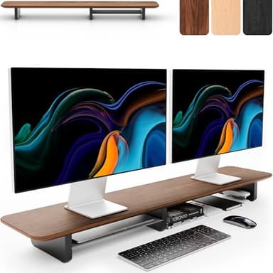 KIVY Dual Monitor Riser with Integrated Metal Shelf - Wooden desk shelf for top of desk - Wood monitor stand for desk 2 monitors / tv - Dual monitor stand riser for desk - Large walnut monitor stand - Image 1