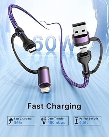 4 in 1 Charging Cable 3.3FT 60W Fast Charging USB C Cable 20W iPhone Charger Cord Lightning Cable Multi Charging Cable with Lightning/Type C/USB A Port for iPhone 16 15 14/Samsung/iPad - Image 2