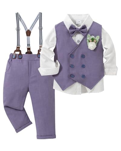 YALLET Toddler Baby Boy Clothes Suit Gentleman Wedding Outfits, Formal Dress Shirt+Bowtie+Vest+Boutonniere+Suspender Pants(V Light Purple, 18-24 Months) - Image 1