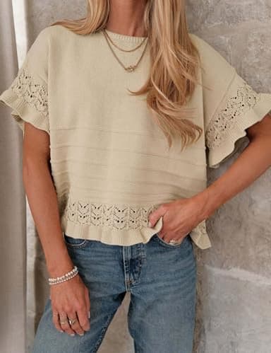 Yeokou Womens Short Sleeve Sweater Round Neck Ruffled Hem Knit Crochet Pullover Summer Fall Casual Top Blouse(Khaki-M) - Image 3