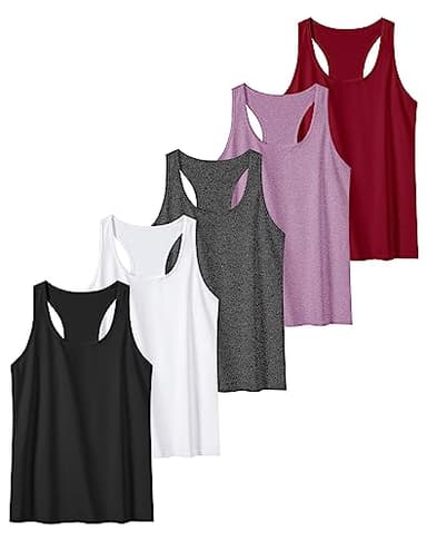 TELALEO 5 Pack Workout Tank Tops for Women, Athletic Racerback Sports Tank Top, Loose Sleeveless Dry Fit Shirts Black/Grey/White/Red/Purple M - Image 1