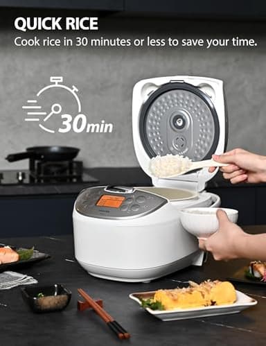 Toshiba Rice Cooker 6 Cup Uncooked – Japanese Rice Cooker with Fuzzy Logic Technology, 7 Cooking Functions, Digital Display, 2 Delay Timers and Auto Keep Warm, Non-Stick Inner Pot, White - Image 6