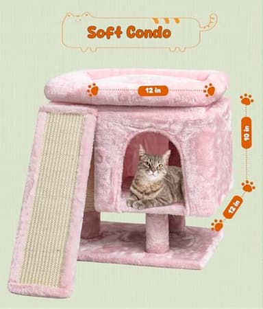 SYANDLVY Small Pink Cat Tree with Perch for Indoor Cats, Cat Tower with Scratching Post, Modern Activity House for Large Cats, Condo with Board, Kittens Cave - Image 6