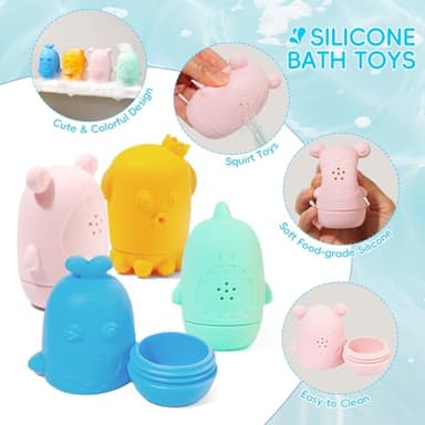 Baby Bath Toys for Kids Ages 1-3, 15 PCS Mold Free Toddler Bath Toys Bathtub Water Toys, Easy to Clean & Easy-Grip Stackable Boats & Spoons, Soft, Squeezable Silicone Bath Toy for Babies 6-12 Months - Image 3