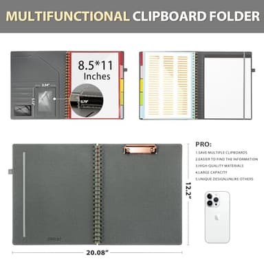 Clipboard with Storage for Men Women, Leather Padfolio Portfolio Organizer 5 Folders with 10 Pockets, Spiral Clipboard Folio with Notepad for Letter Size, Elastic Closure and Pen Loop Grey - Image 6
