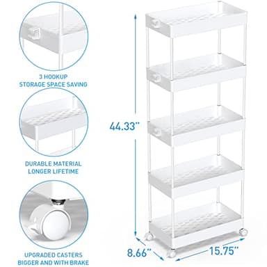 SPACEKEEPER 5-Tier Storage Cart Organizer Rolling Utility Cart, Mobile Shelving Unit Slide Out Storage Shelves for Kitchen Living Room Bathroom Laundry Room & Dressers, White - Image 3