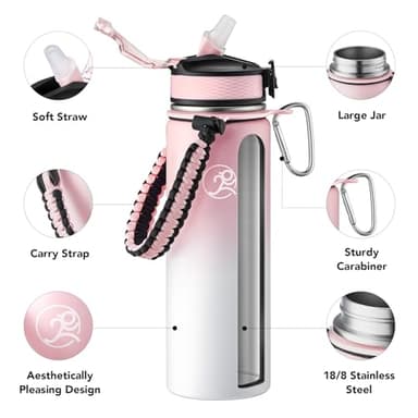 GOSWAG Insulated Sports Water Bottle, 24oz 2 Lids(with Straw/No Straw), Stainless Steel Water Bottles with Paracord Handle, Insulated Bottle with Double-Wall Vacuum Insulation - Image 3