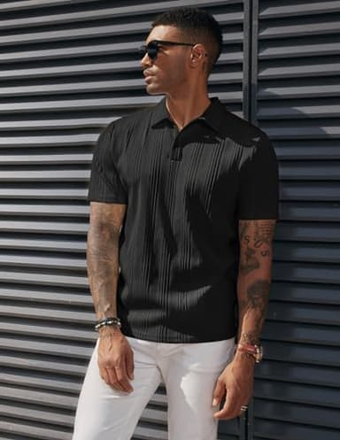 PJ PAUL JONES Mens Short Sleeve Polo Shirts Lightweight Textured Polo Shirts for Summer Black - Image 3