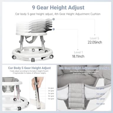 TreeCute Baby Walker Foldable with 9 Adjustable Heights, Baby Walker with Wheels Portable, Infant Toddler Walker for Baby Boy Girls 6-18 Months (White) - Image 3