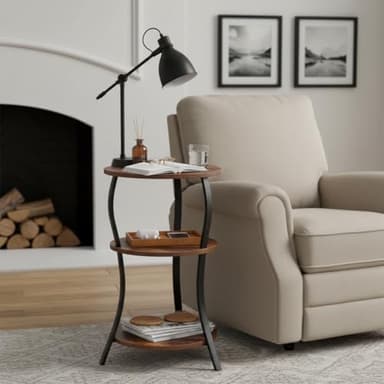 Vintage Small Round Side Table, 3-Tier Slim Waist Circular End Table with Storage Shelf, Compact Tea Sofa Table, Round Corner Coffee Table Nightstand for Living Room Bedroom Small Spaces,Rustic Brown - Image 8