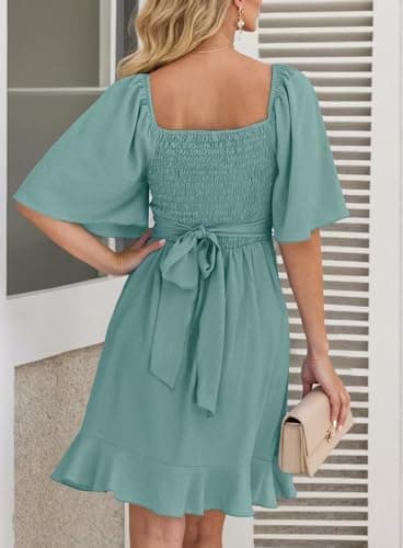 Dokotoo Womens Summer Wrap V Neck Short Flared Sleeve Smocked Elastic Waist Tiered Belted Ruffle Hem Mini Dress Graduation Dress Skobeloff M - Image 2
