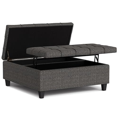 SIMPLIHOME Harrison 40 inch Wide Transitional Square Large Coffee Table Storage Ottoman in Ebony Polyester Tweed, Assembled, for The Living Room and Bedroom - Image 1