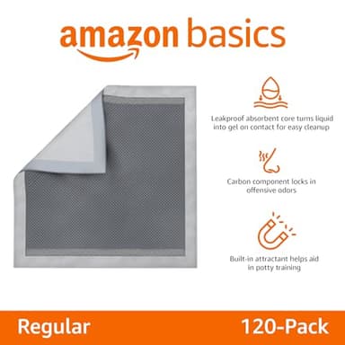 Amazon Basics Carbon Odor-Control Dog and Puppy Pee Pads, 5-Layer Leak-Proof Super Absorbent, Quick-Dry Surface, Potty Training, Regular (22x22"), 120 Count, Gray - Image 2