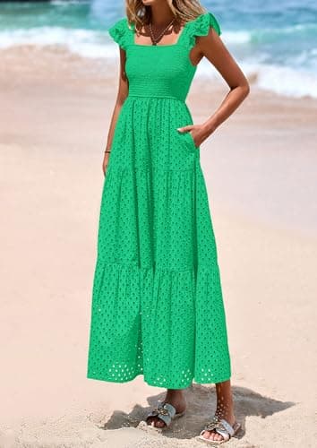 PRETTYGARDEN Womens Summer Square Neck Maxi Dresses Cap Sleeve Eyelet Smocked Tiered A Line Flowy Long Dress with Pockets (Green,Medium) - Image 3