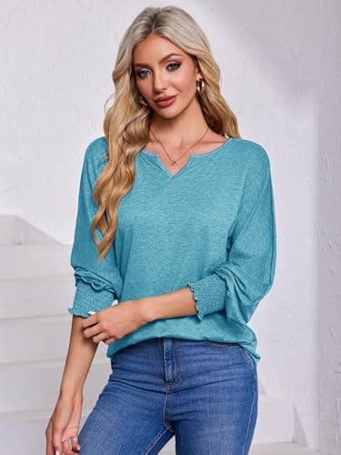 TAKEYAL Long Sleeve Shirts for Women Smocked Sleeve V Neck Casual Loose Blouse Trendy Fall Spring Tops Aqua Green XX-Large - Image 5