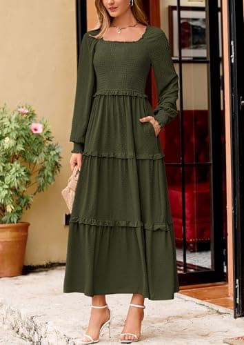 PRETTYGARDEN Fall Dresses for Women 2025 Long Sleeve Smocked Square Neck Swiss Dot Tiered Flowy Wedding Guest Maxi Dress (Army Green,Large) - Image 7