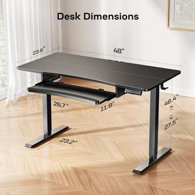 HUANUO Electric Standing Desk with Large Keyboard Tray(26.7"), Adjustable Height Stand Up Desk for Home Office, 4 Memory Height Settings, 2 Headphone Hooks, Computer Workstation 48" x 24", Black - Image 3