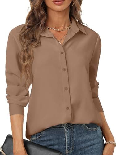 Brown Shirts for Women Button up Shirt Long Sleeved Woman Lightweight Basic Workwear no Iron Cute Vintage Elegant Uniform Trending Summer Sexy top Nice Attire French Cuff Relax fit Dark Brown Size M - Image 1
