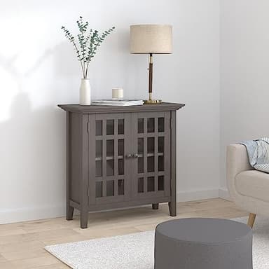 SIMPLIHOME Bedford SOLID WOOD 32 inch Wide Transitional Low Storage Media Cabinet in Farmhouse Grey for the Living Room, Entryway and Family Room - Image 2