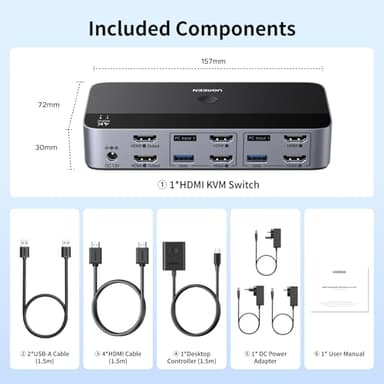 UGREEN HDMI KVM Switch 2 Monitors 2 Computers 4K@60Hz, with 4 USB 3.0 Ports for 2 Computers Sharing 2 Monitors Keyboard Mouse Printer with 4 HDMI Cables, 2 USB Cables, Power Adapter and Controller - Image 9