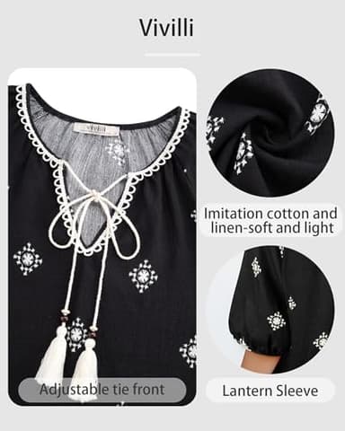 Vivilli Boho Tops for Women: Flowy Casual Top Peasant Blouses Floral Top Short Sleeve Shirts Summer Shirts Crochet V Neck Beach Vacation Clothes Bohemian Tops Hawaiian Outfits Women's Clothing Black L - Image 7