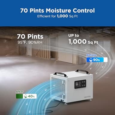 Moiswell 70 Pints Commercial Dehumidifier, Portable Crawl Space Dehumidifier for Basement Energy Star Certified Compact Dehumidifiers for Home with Drain Hose, Auto Defrost, Timer - Image 3