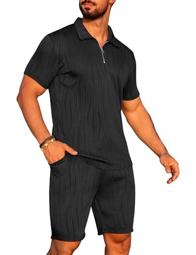 URRU Men's 2 Piece Outfits Short Sleeve Casual Zip Polo Shirt and Shorts Set Black XL - Image 1