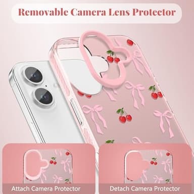 ZTOFERA for iPhone 16 Plus Case,Cute Pink Ribbon Bow Tie Planet Star Floral Aesthetic Phone Case,Trendy Slim Hard IMD Shockproof Protective Bumper Phone Cover for Women Girls,Cherry - Image 5