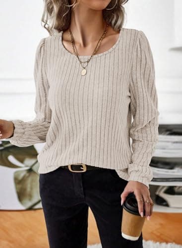 Samefar Long Sleeve Blouses for Women Round Neck Casual Womens Shirts Fashion Ladies Tops and Blouse Clothing Trendy Apricot X-Large - Image 2