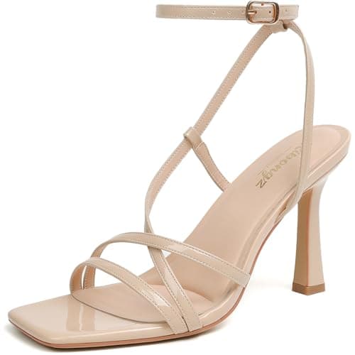 RIBONGZ Nude Patent Strappy Stiletto Heels Square Open Toe Kitten High Heels Ankle Strap Sexy Heeled Sandals for Women Wedding Bride Party Prom Dress Shoes 7 - Image 1