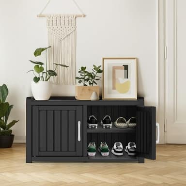 ROJIK Shoe Cabinet Waterproof UV-Resistant,Storage Bench Indoor Outdoor with Adjustable Shelves,for Entryway Bedroom,Hallway,Living Room(Double Door,Black) - Image 4