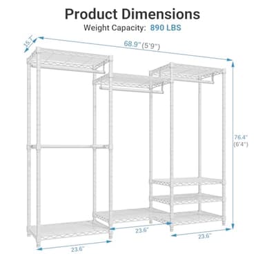 VIPEK V5 Portable Closet Wardrobe Heavy Duty Clothes Rack, Freestanding Clothing Racks with 4 Hang Rods & 8 Shelves, Adjustable Custom Closet Racks, 68.9" L x 15.7" W x 76.4" H, Max Load 800LBS, White - Image 5