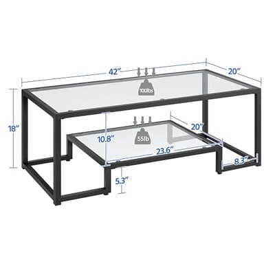 Yaheetech Coffee Table, Tempered Glass Coffee Table, Modern Simple Center Tables w/Geometric-Inspired Design & Metal-Frame & Easy Assembly & Open Storage Shelf for Living Room, Office, Black - Image 3