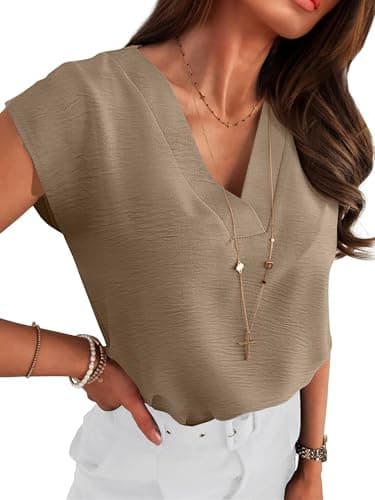 ANRABESS Women Tops Cap Sleeve Textured Dressy Casual V Neck Shirts 2025 Summer Business Work Blouses Outfits Khaki Small - Image 1
