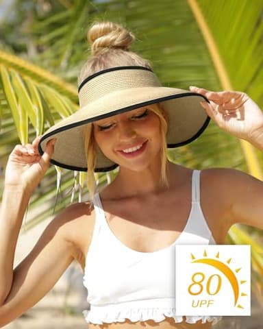 Camptrace Sun Visors for Women Wide Brim Beach Hat Foldable Straw Visor Hat Ponytail Summer Packable UPF 50+ Beige - Image 8