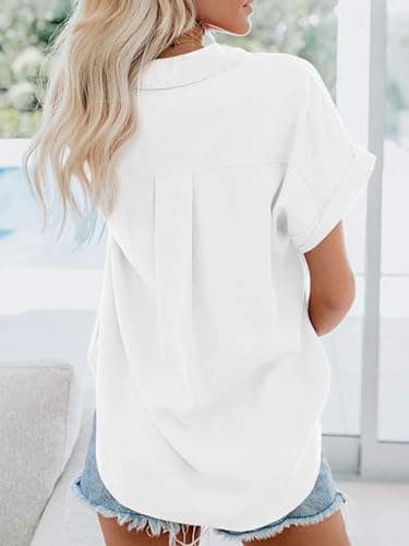 IPMQ Womens Button Down Shirts Short Sleeve Linen Style Cotton Collared Button Up Casual Blouses Oversized Tops with Pocket White - Image 3