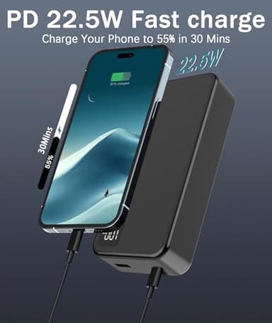 Portable Charger 20000mAh Power Bank -Portable Battery with 2 Built in Cables PD QC4.0 22.5W Fast Charging Battery Pack Phone Charger for iPhone 15 14 13 Samsung Galaxy iPad etc (1 Pack, Black) - Image 3