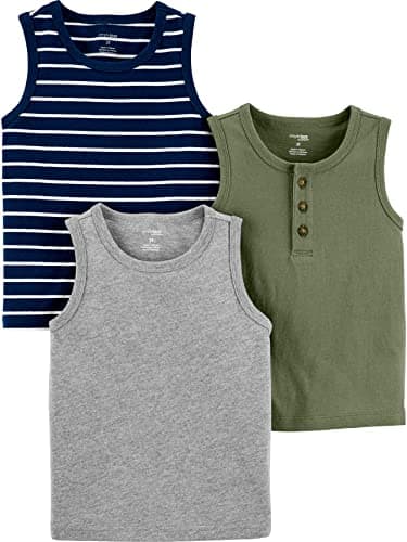 Simple Joys by Carter's Baby Boys' 3-Pack Muscle Tank Tops, Grey Heather/Navy Stripe/Olive, 18 Months - Image 1