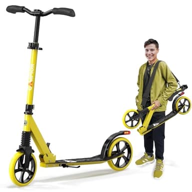 Campior Kick Scooter for Ages 6+, for Kids, Teens, and Adults, Max Load 240 LBS, Foldable, 8-inch Big Wheels for Kids and Adults, with Kickstand, 3 Adjustable Levels, Child Safety Approved, Yellow - Image 1