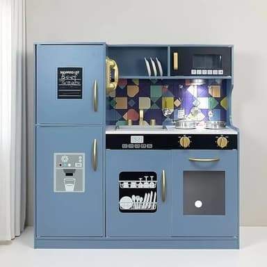 TOUCH US Wooden Play Kitchen Toy Set with Light, Kids Children Pretend Toy Kitchen Playset, Sink Play Toy Oven with Microwave,Toddler Cooking Set Toy for Ages 3+ Baby Girls Boys (Blue) - Image 1